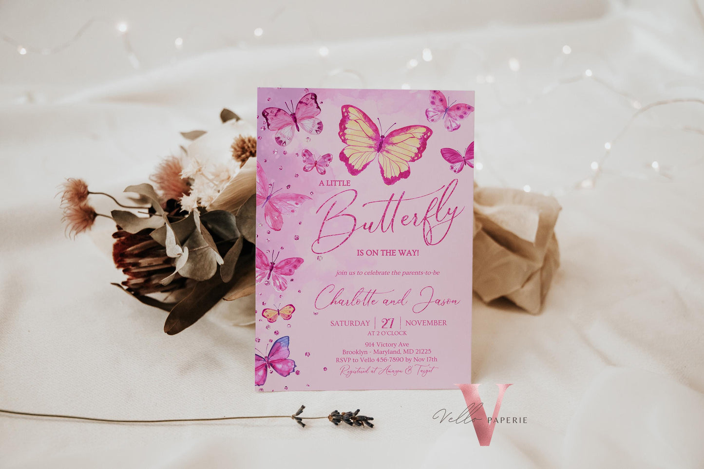 Pink Watercolor Butterfly Baby Shower Party Invitation | A little butterfly Welcome Baby Party Invite | Pink Glitter Baby Butterfly Template