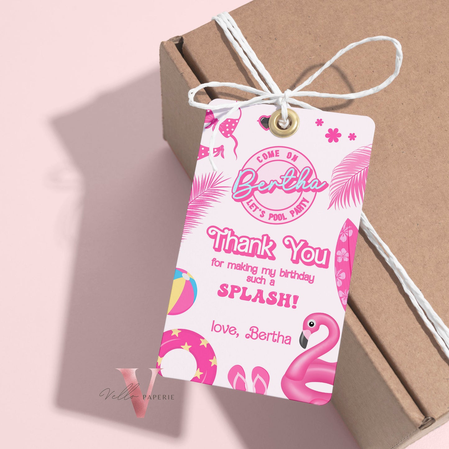 Pink Doll Pool Birthday Thankyou Card | Editable Printable Malibu Pool Party Favor Tag | Pink Blue Malibu Come On Lets Go Party Gift PDP01