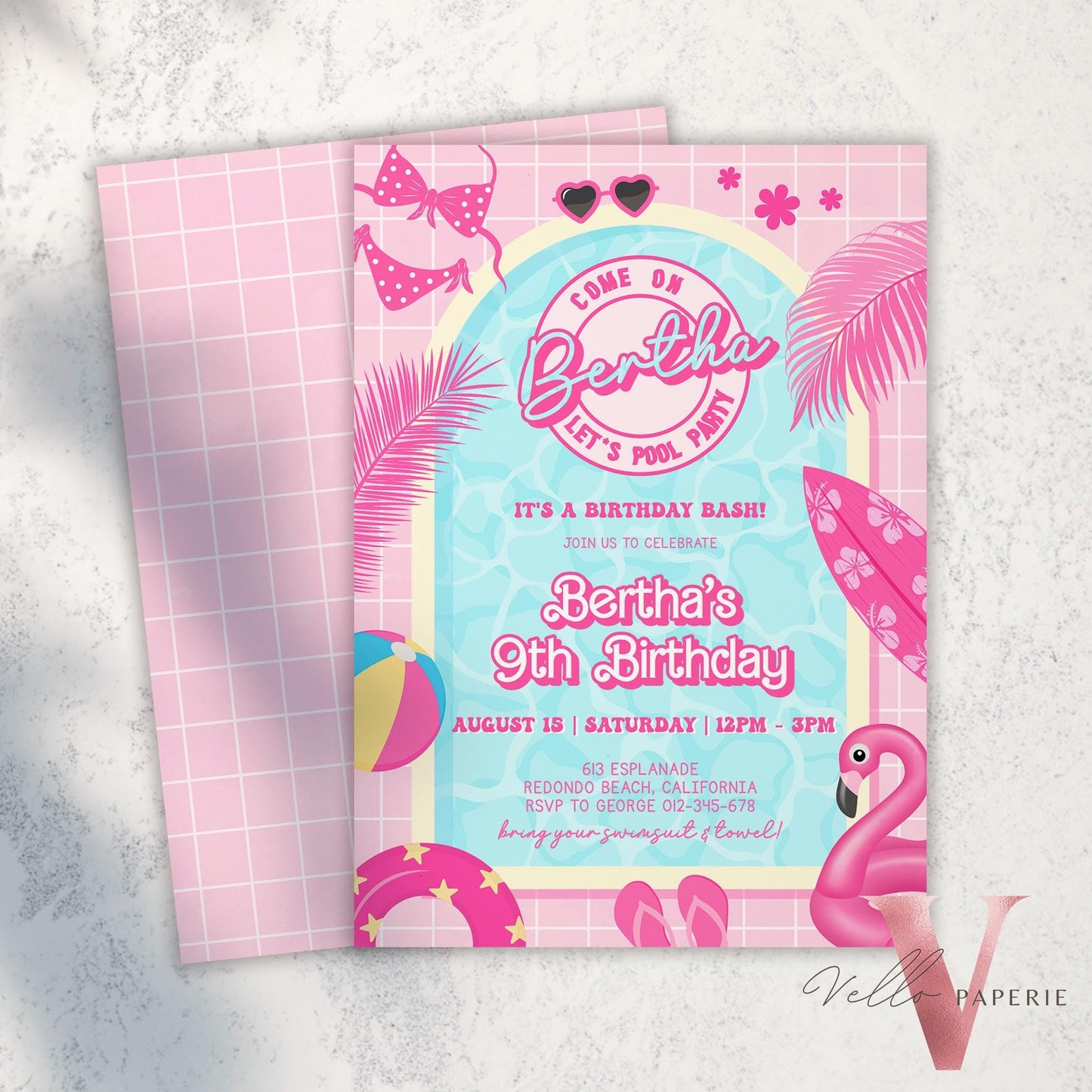 Instant Pink Doll Pool Birthday Invitation | Editable Printable Malibu Pool Party Invite | Pink Blue Malibu Come On Lets Go Party PDP01