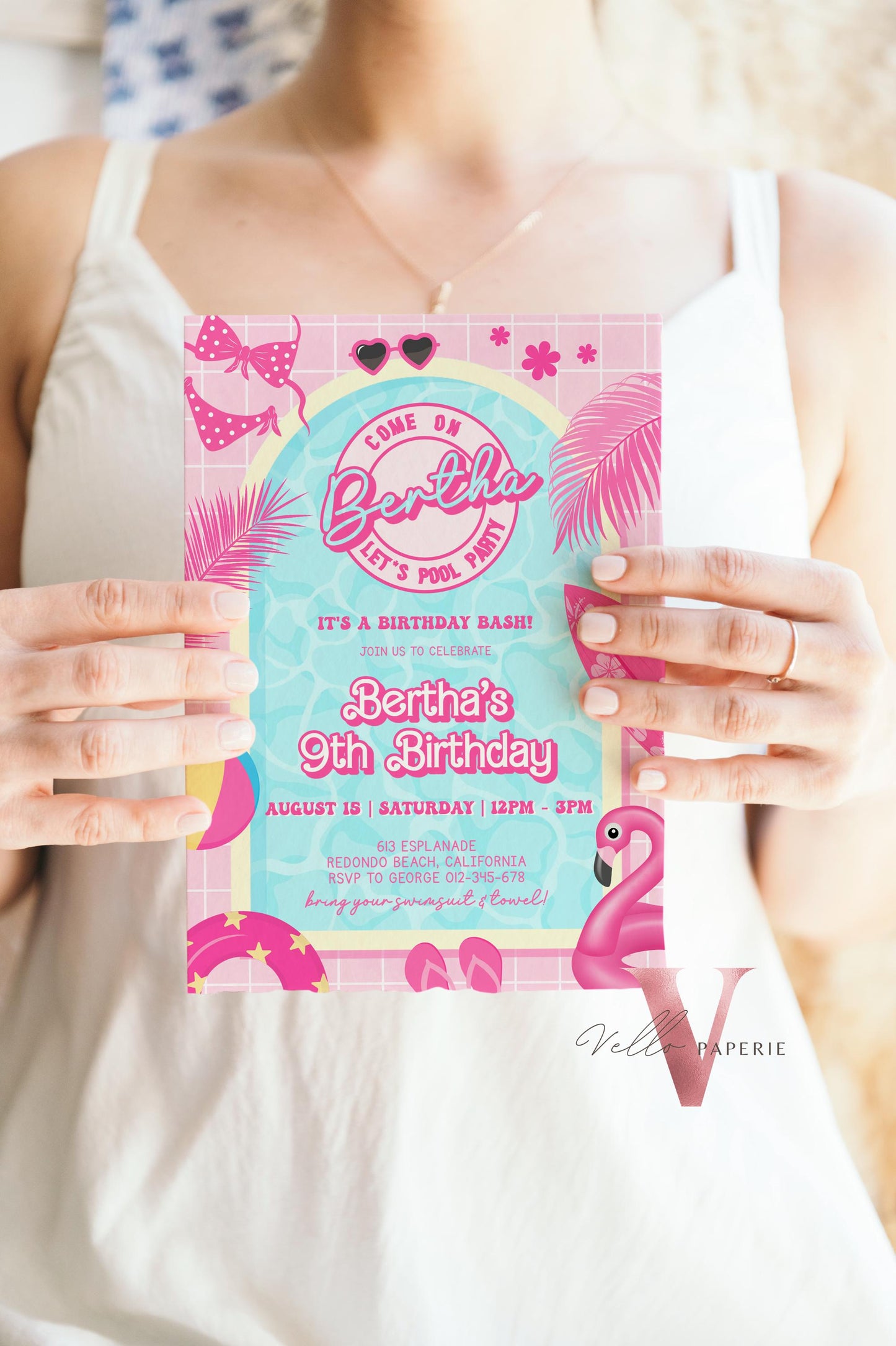 Instant Pink Doll Pool Birthday Invitation | Editable Printable Malibu Pool Party Invite | Pink Blue Malibu Come On Lets Go Party PDP01