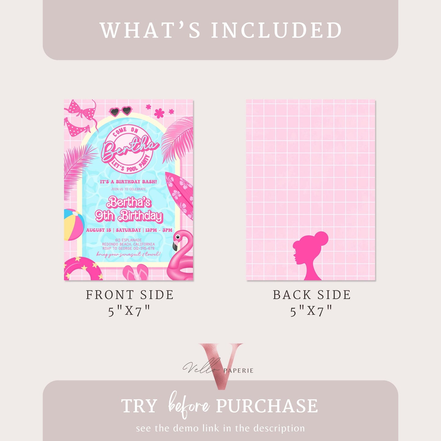 Instant Pink Doll Pool Birthday Invitation | Editable Printable Malibu Pool Party Invite | Pink Blue Malibu Come On Lets Go Party PDP01