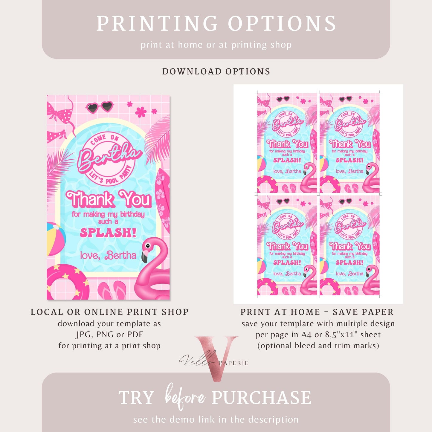 Pink Doll Pool Birthday Thankyou Card | Editable Printable Malibu Pool Party Favor Tag | Pink Blue Malibu Come On Lets Go Party Gift PDP01