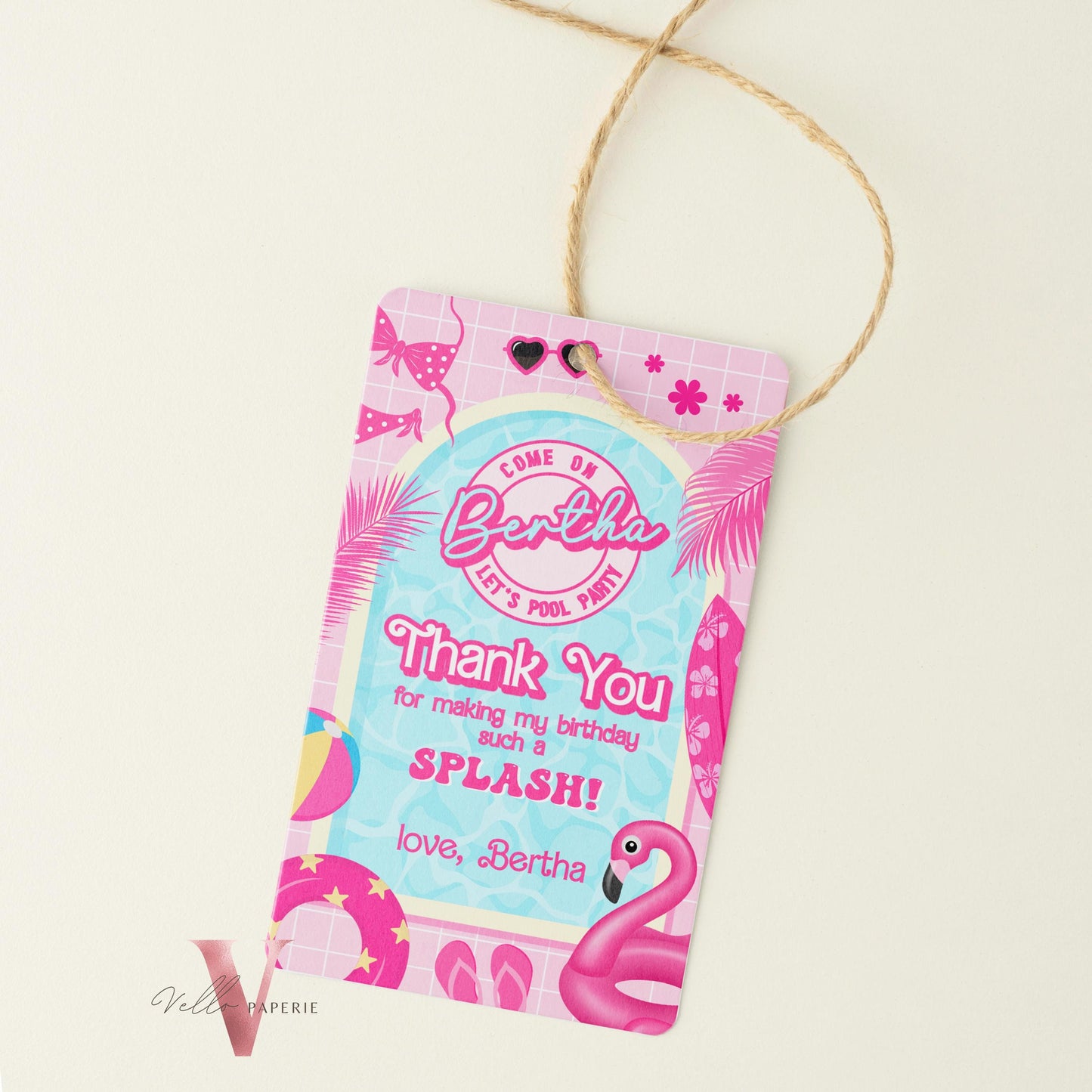 Pink Doll Pool Birthday Thankyou Card | Editable Printable Malibu Pool Party Favor Tag | Pink Blue Malibu Come On Lets Go Party Gift PDP01