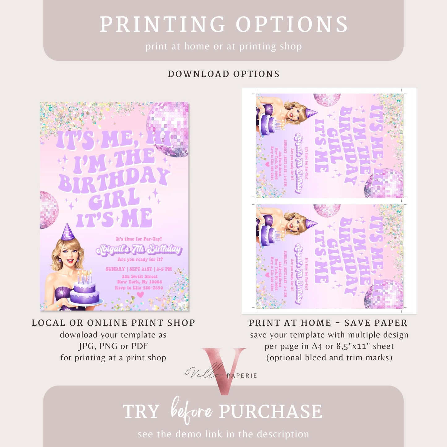 Edit Yourself Par-Tay Birthday Party Invitation | Editable Printable Purple Pink Sparkle TS Party Invite | It's Me Hi Swift Instant Download