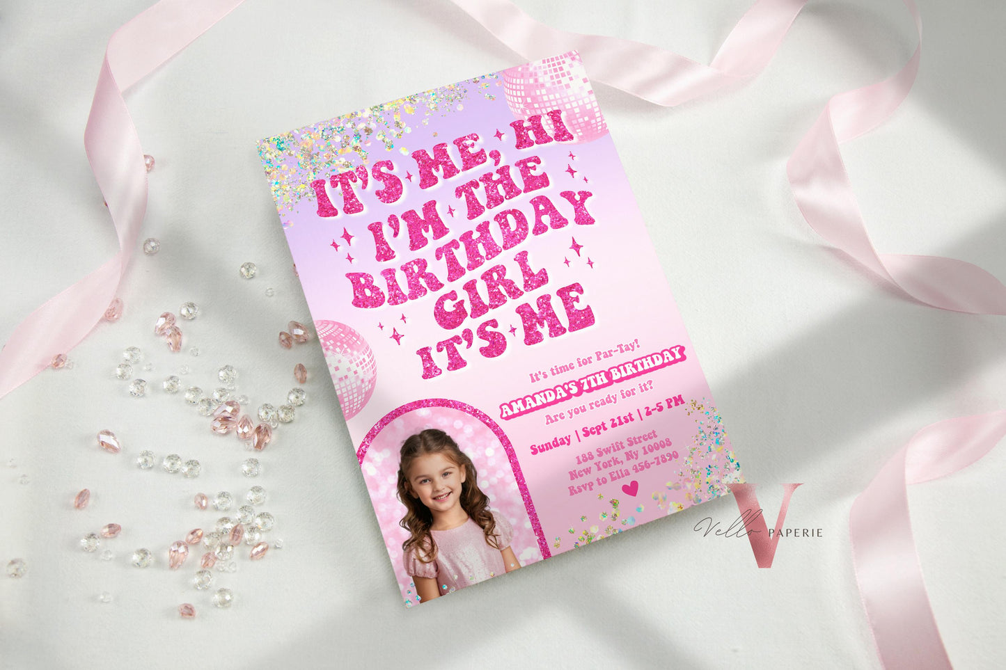 Edit Yourself Photo Par-Tay Birthday Party Invitation | Editable Sparkle Pink Sparkle TS Party Invite | It's Me Hi Swift Instant Download