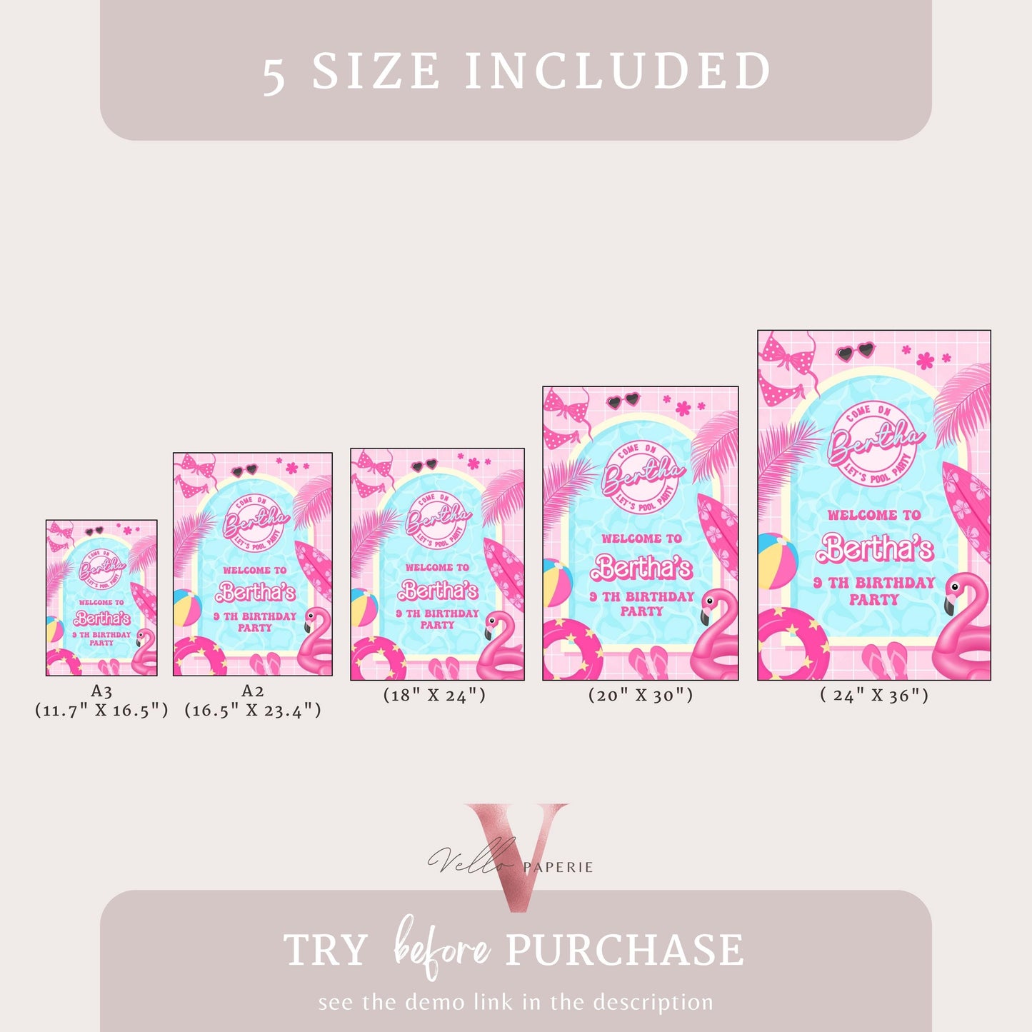 Pink Doll Pool Birthday Welcome Sign | Editable Malibu Pool Party Decor Sign | Pink Blue Malibu Come On Lets Go Party Favors PDP01