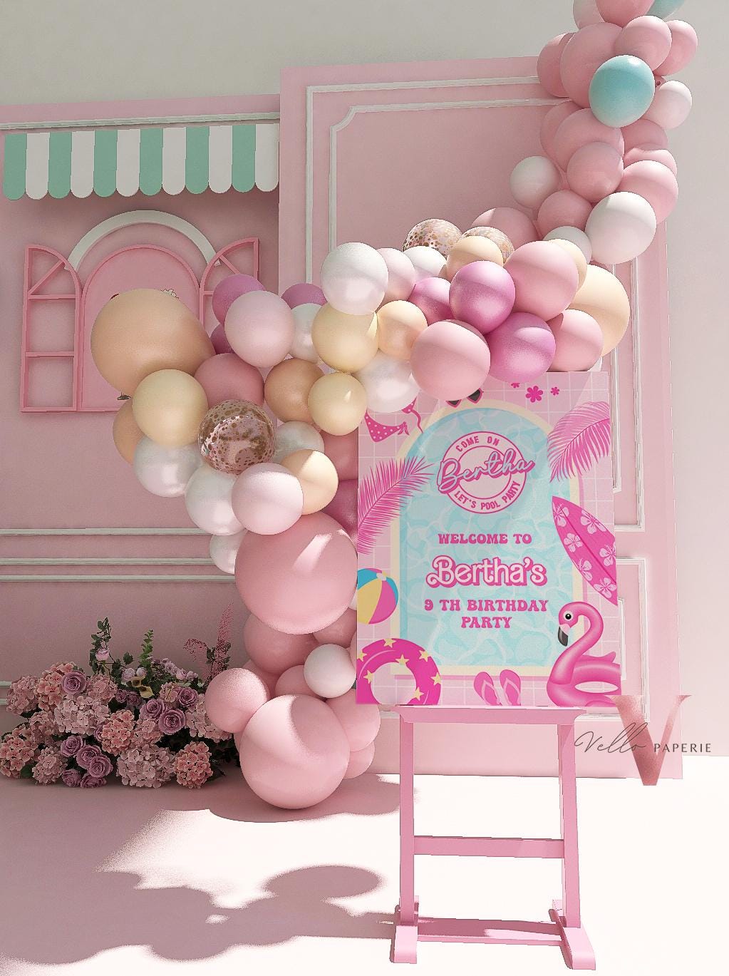 Pink Doll Pool Birthday Welcome Sign | Editable Malibu Pool Party Decor Sign | Pink Blue Malibu Come On Lets Go Party Favors PDP01