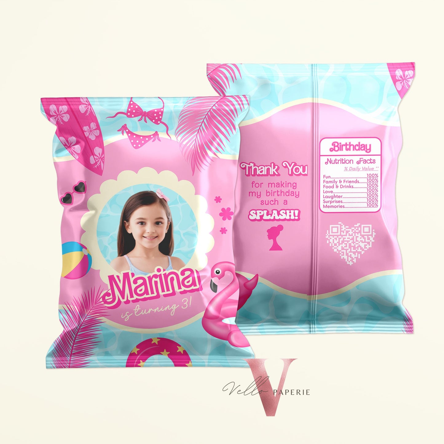 Photo Pink Doll Pool Birthday Party Favors | Malibu Pool Party Decor | Pink Blue Pool Malibu Chips Bag Snack Bag PDP01