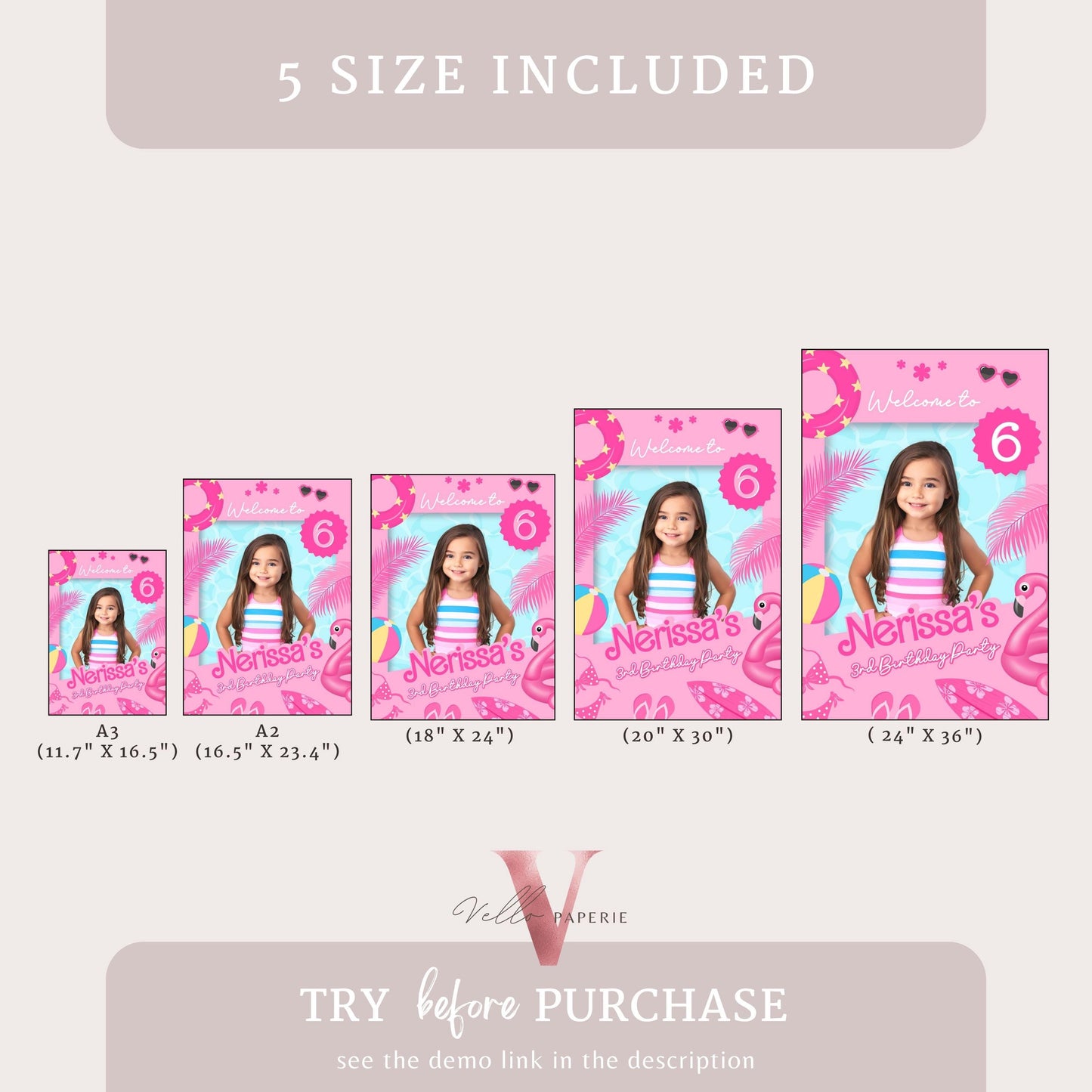 Photo Pink Doll Pool Birthday Welcome Sign | Editable Malibu Pool Party Decor Sign | Pink Blue Malibu Come On Lets Go Party Favors Sign