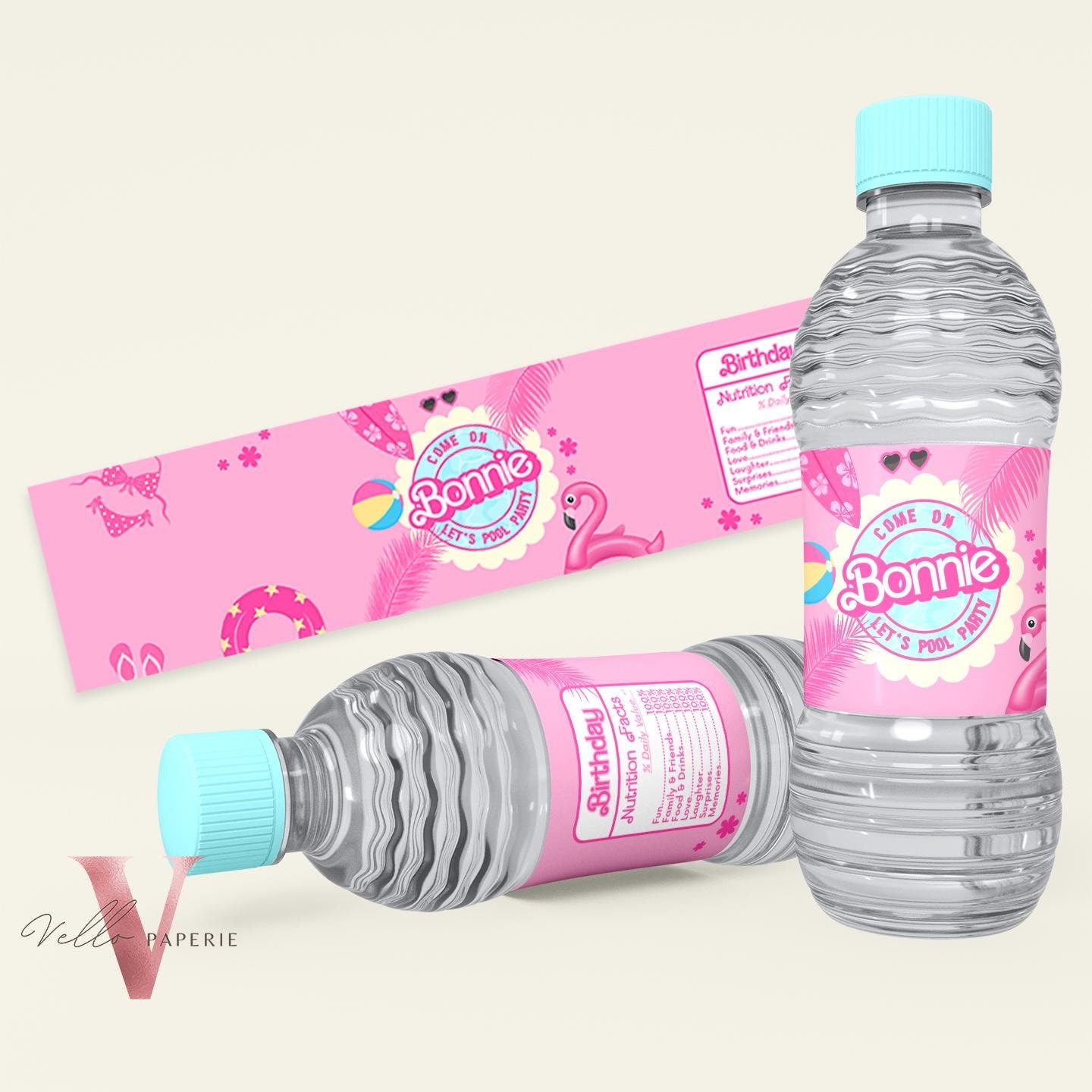 Pink Doll Pool Birthday Water Bottle Label | Malibu Pool Party Decor | Pink Blue Malibu Party Favors | Pool Party Drink Label PDP01