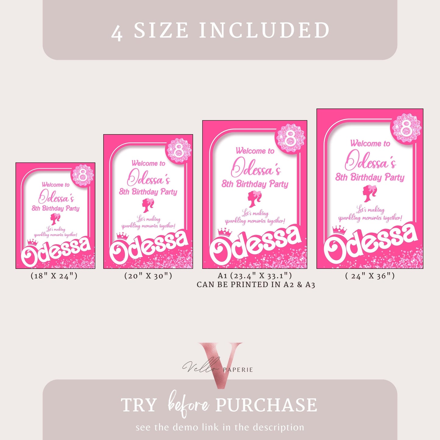 Hot Pink Doll Pool Birthday Welcome Sign | Self Editable Fashion Doll Box Party Decor Sign | Pink Sparkle Party Favors Sign HPD01