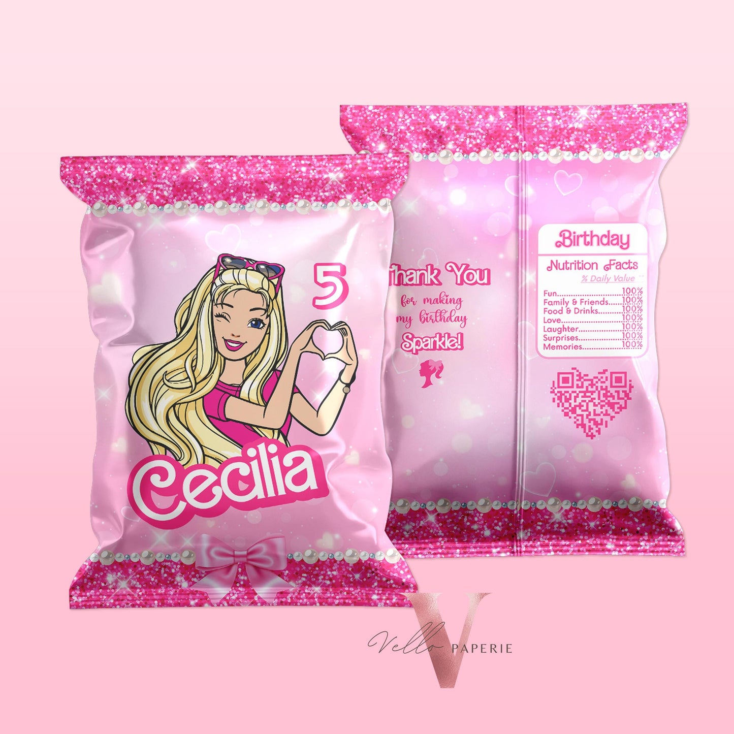 Cute Sparkle Pink Doll Birthday Chips Bag | Cute cartoon Hot Pink Party Cheetos | Glitter Hot Pink Snack Bag Instant Template