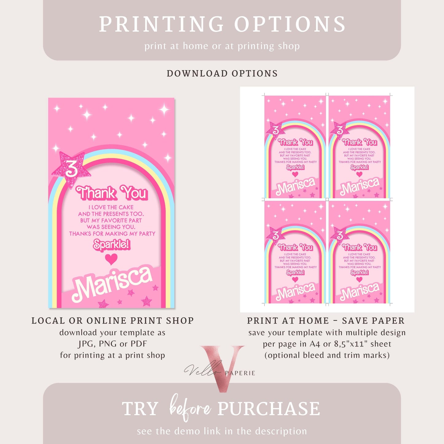 Rainbo Pink Sparkle Fashion Doll Birthday Thankyou Card, Pink Doll Glitter Come On Lets Go Pink Party Favor, Gift Tag Instant Template