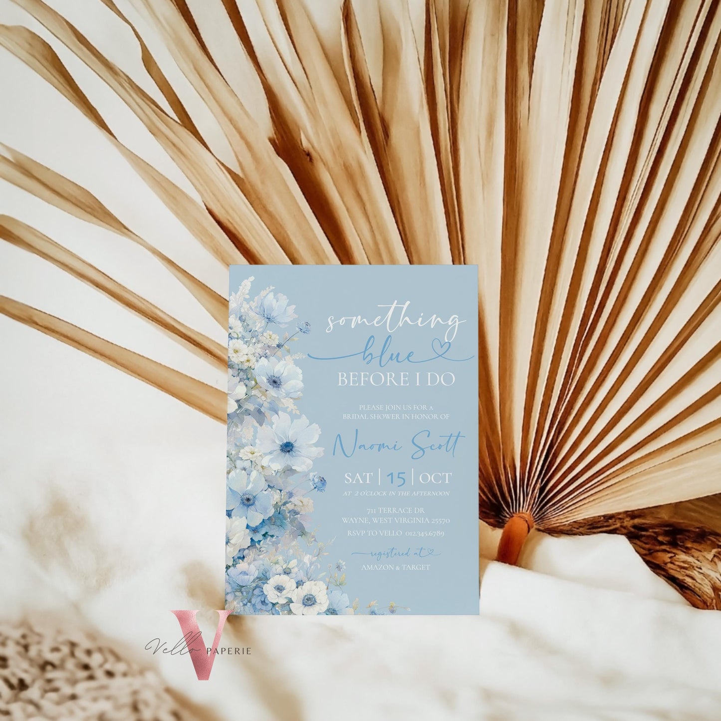 Something Blue before I DO Bridal Shower Party Invitation | Blue Flower Watercolor Invite | Modern Blue Botanical BridetoBe Instant Template