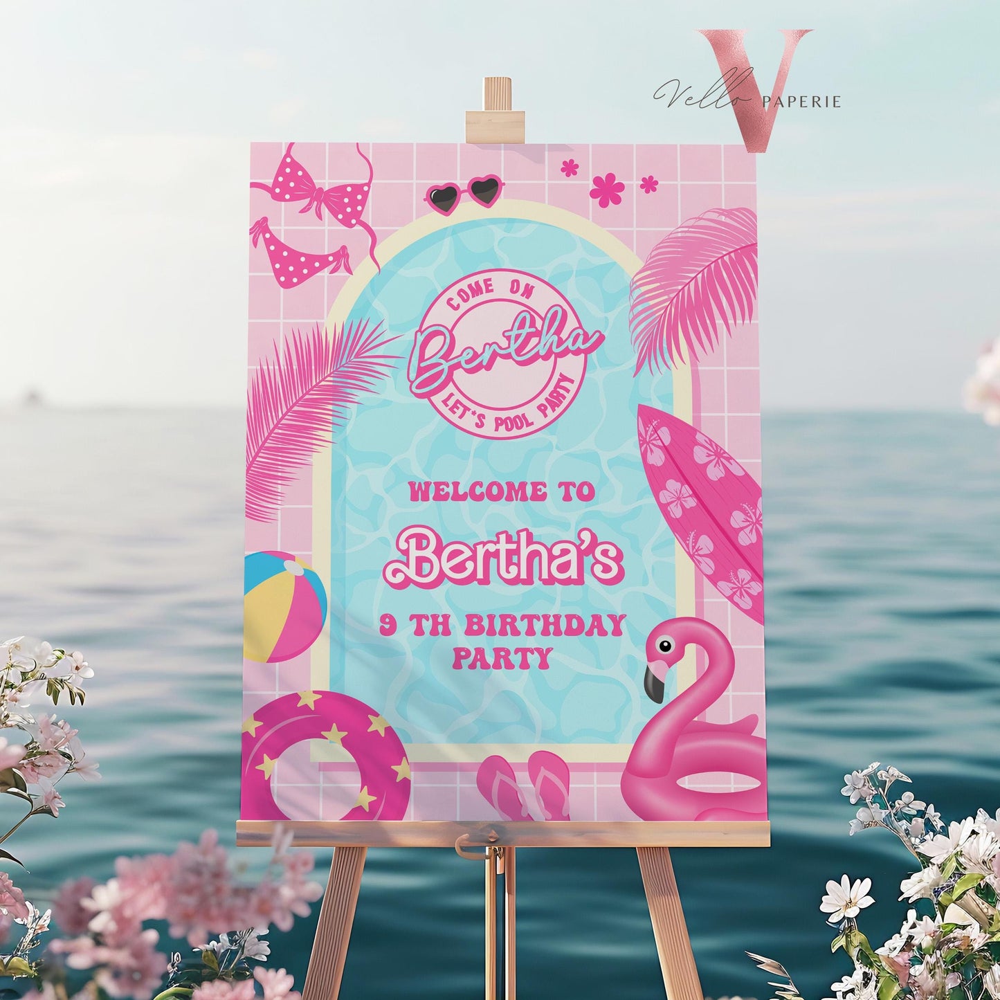 Pink Doll Pool Birthday Welcome Sign | Editable Malibu Pool Party Decor Sign | Pink Blue Malibu Come On Lets Go Party Favors PDP01