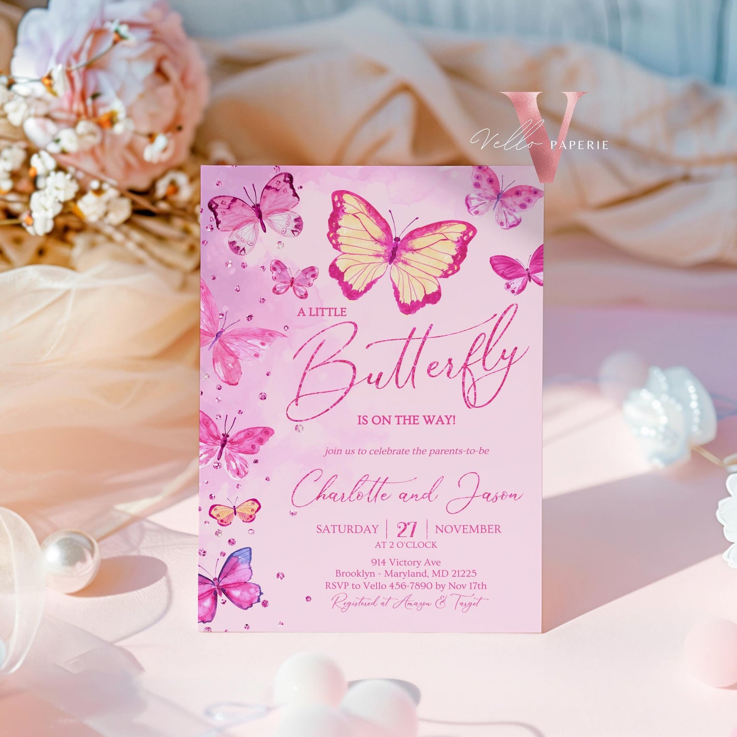Pink Watercolor Butterfly Baby Shower Party Invitation | A little butterfly Welcome Baby Party Invite | Pink Glitter Baby Butterfly Template
