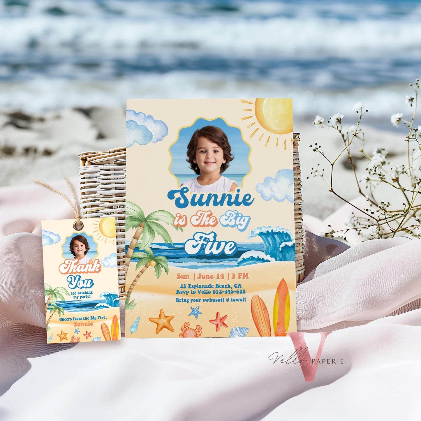 Photo Summer ANY AGE Boy Birthday Birthday Invitation | Edit Youself Malibu Beach Party Invite | Orange Blue Beach Party Instant Template