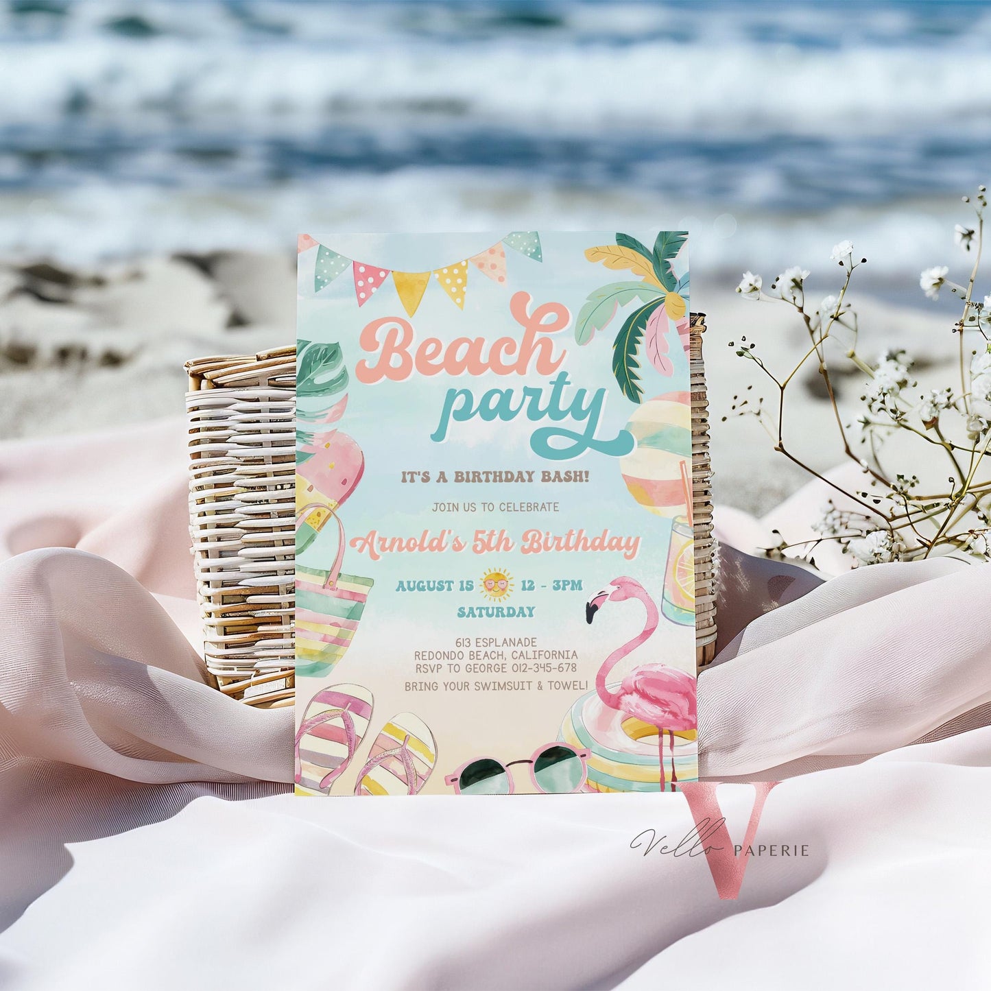 Editable Beach Birthday Party Invitation | Watercolor Summer Party Invite | Peach Turquoise Beach Party Invite Teen Birthday Bash Instant