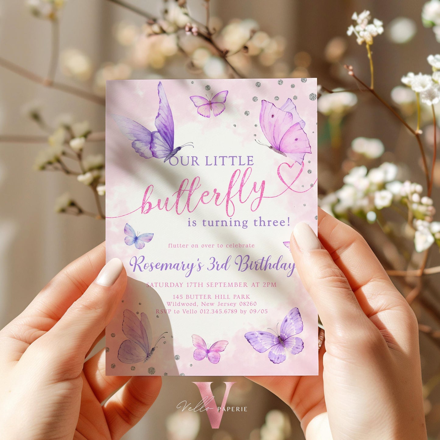Pink Purple Silver Glitter Watercolor Butterfly Birthday Party Invitation | A little Butterfly ANY AGE Party Invite | Sparkle Butterfly