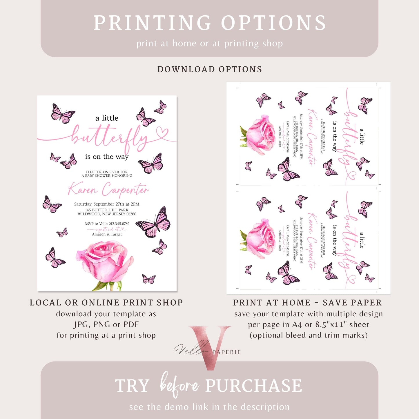 Minimal Pink Black Watercolor Butterfly Baby Shower Party Invitation | Little butterfly is on the way Baby Party Invite | Pink Rose Template