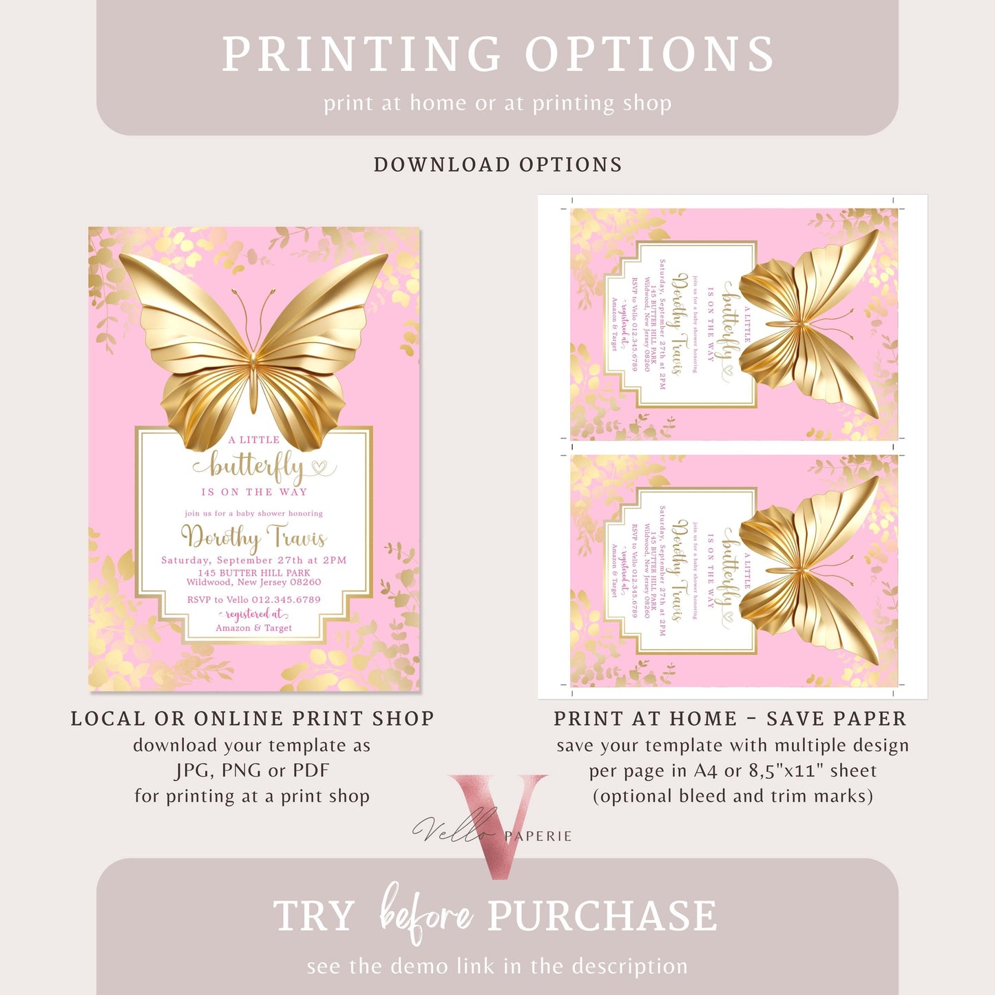 Pink Gold Butterfly Baby Shower Party Invitation | Little butterfly is on the way Baby Party Invite | Minimal Blue Gold Butterfly Template