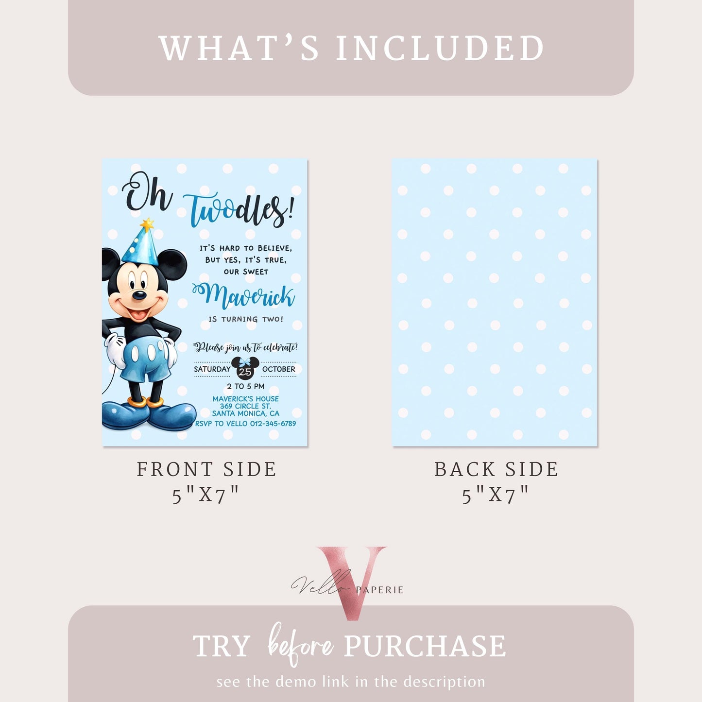 Self Editable Oh Twodles Mickey Mouse Birthday Invitation | Watercolor Blue Mickey Birthday Party Invite | Mickey Twodles Instant Download