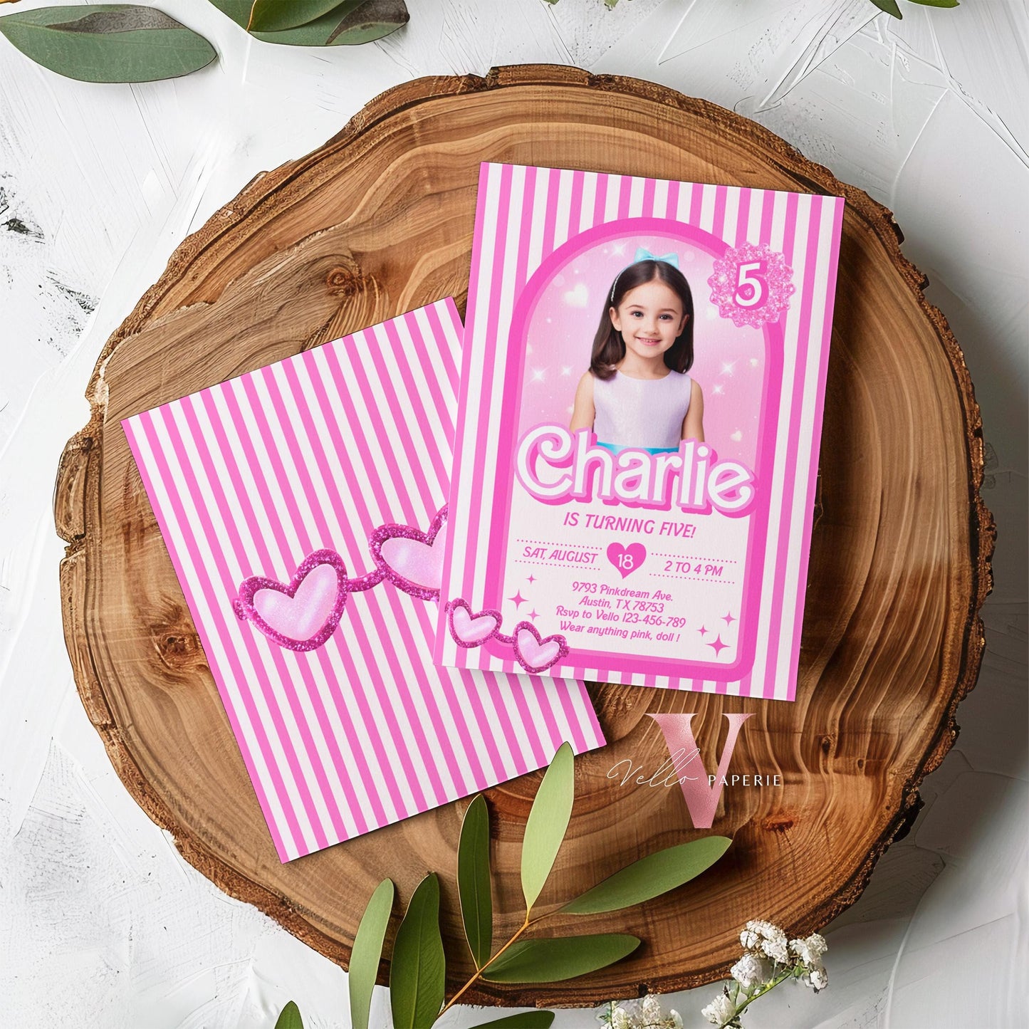 Stripe Sunglass Pink Fashion Doll Box Birthday Invitation | Editable Photo Glam Pink Doll Party Invite | Instant Template Download