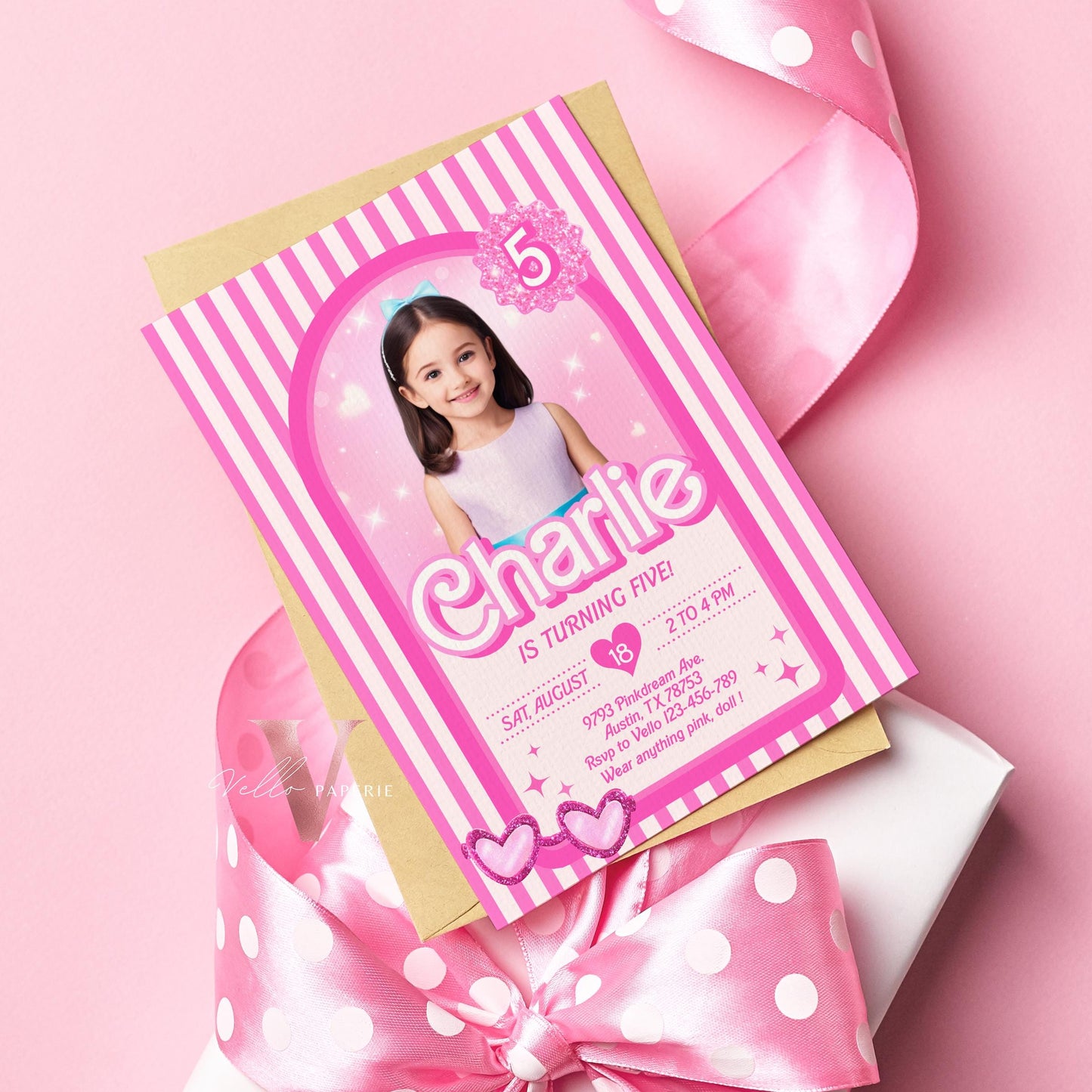 Stripe Sunglass Pink Fashion Doll Box Birthday Invitation | Editable Photo Glam Pink Doll Party Invite | Instant Template Download