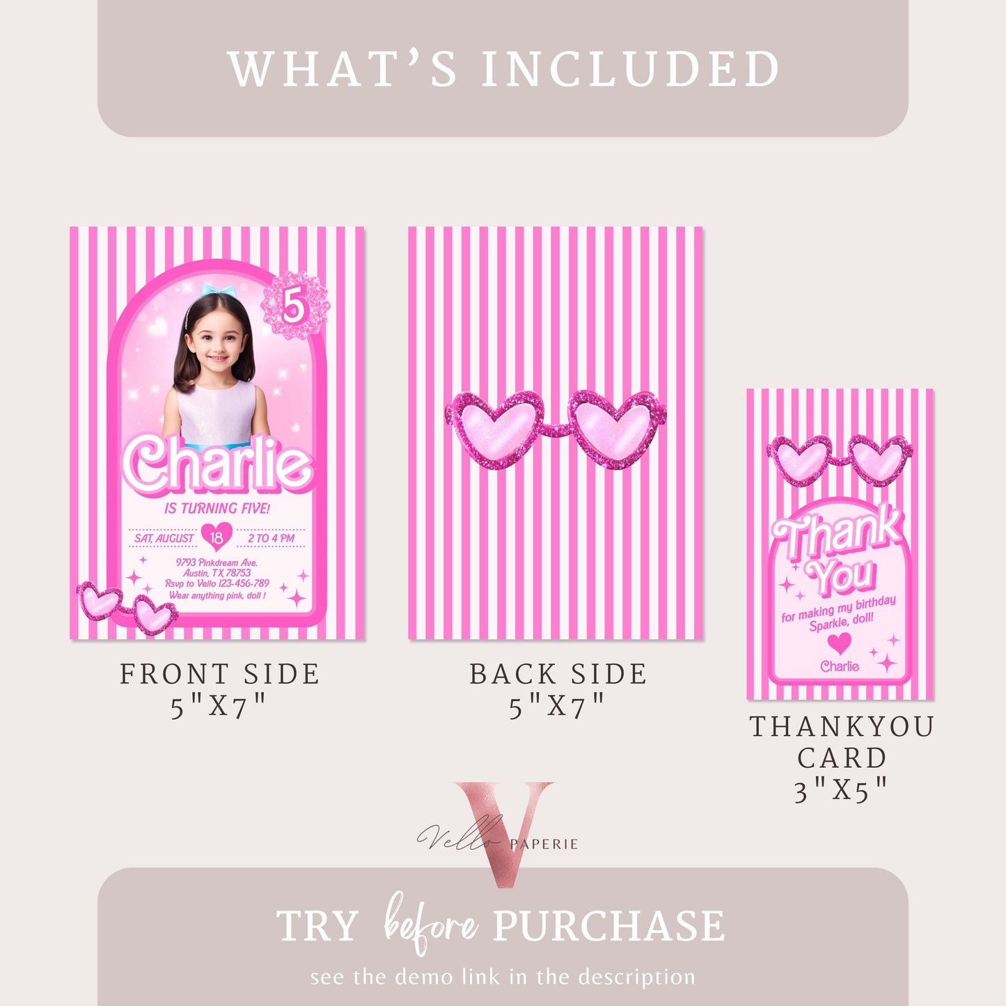Stripe Sunglass Pink Fashion Doll Box Birthday Invitation | Editable Photo Glam Pink Doll Party Invite | Instant Template Download