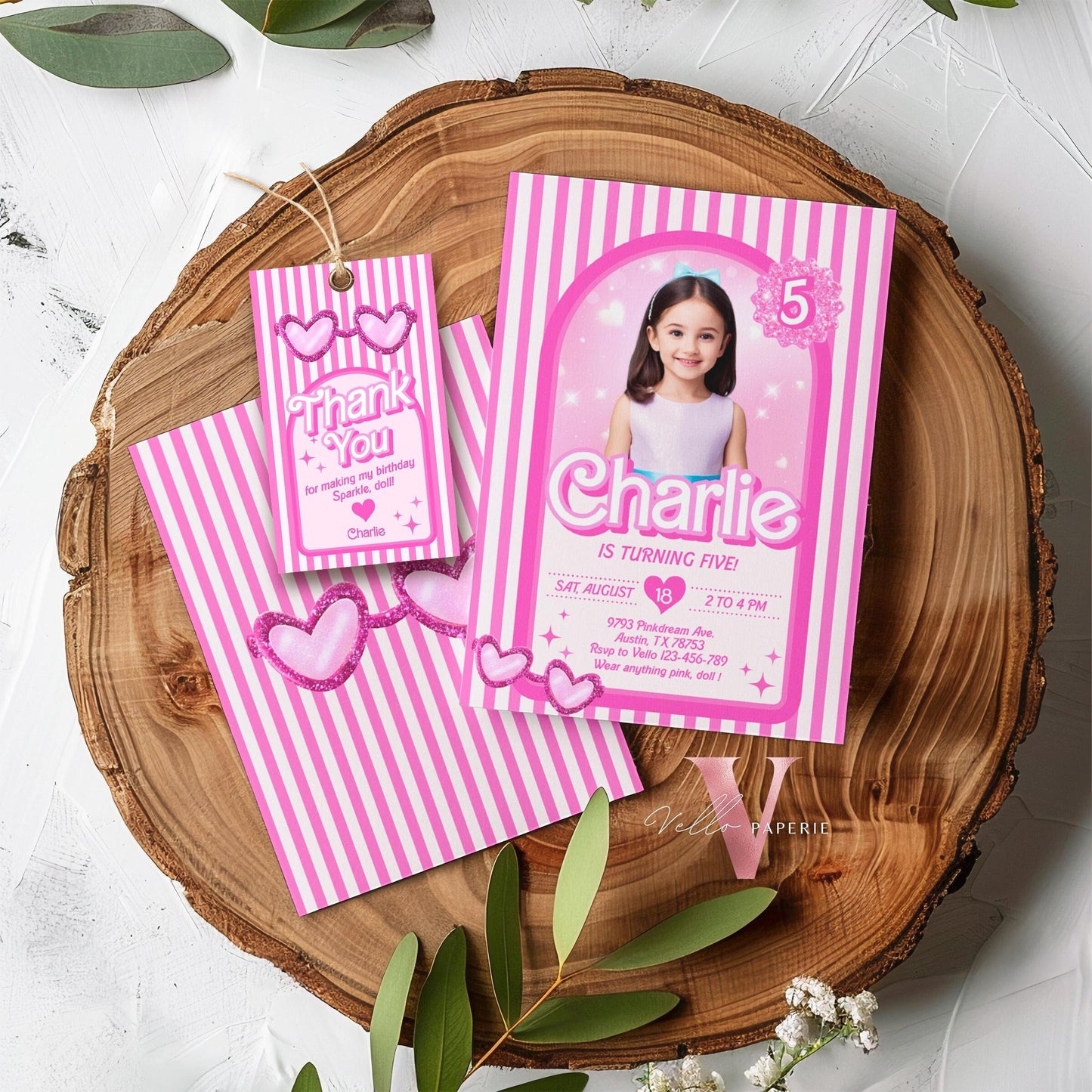 Stripe Sunglass Pink Fashion Doll Box Birthday Invitation | Editable Photo Glam Pink Doll Party Invite | Instant Template Download