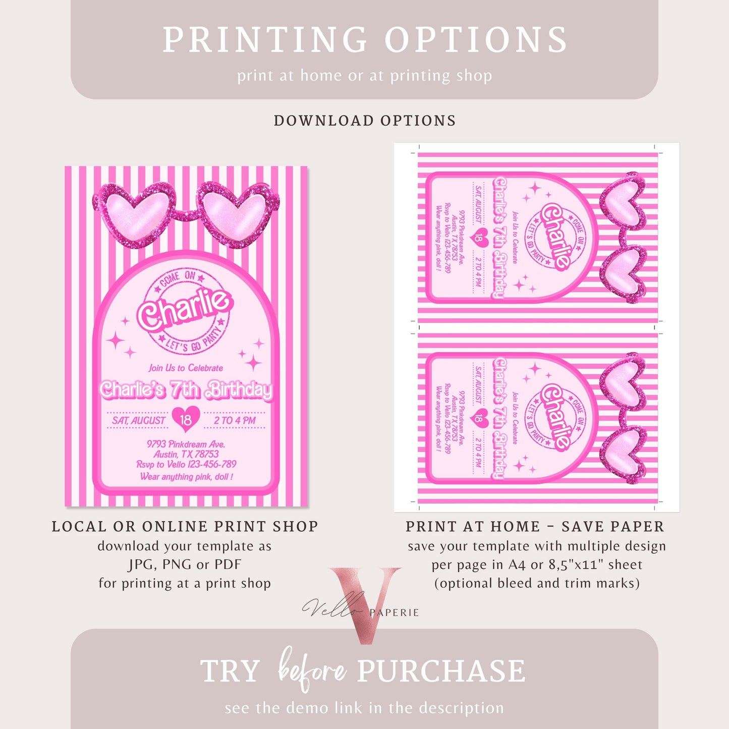 Stripe Sunglass Pink Fashion Doll Birthday Invitation | Modern Pink Doll Glitter Come On Lets Go Pink Party Invite Instant Template