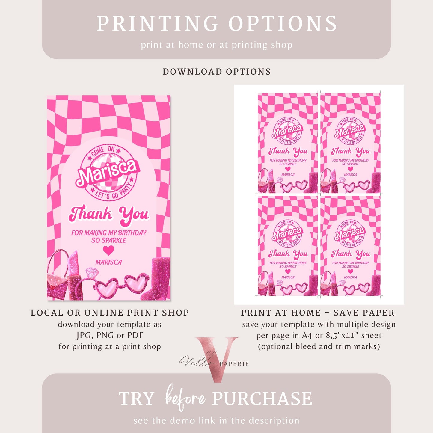 Groovy Pink Sparkle Fashion Doll Birthday Thankyou Card | Retro Pink Doll Glitter Come On Lets Go Pink Party Favors, Gift Tag Instant