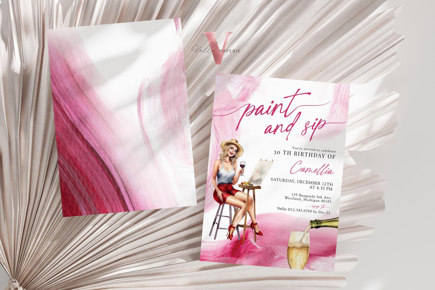 Burgundy Red Paint and Sip Party Invitation | Editable Adult Champagne Art Party | Wine Birthday Wine Invitation | Creative Drink Art Party
