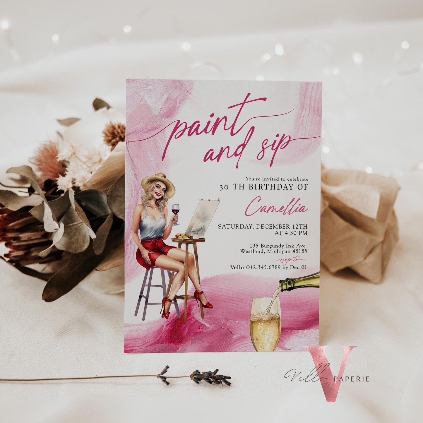 Burgundy Red Paint and Sip Party Invitation | Editable Adult Champagne Art Party | Wine Birthday Wine Invitation | Creative Drink Art Party