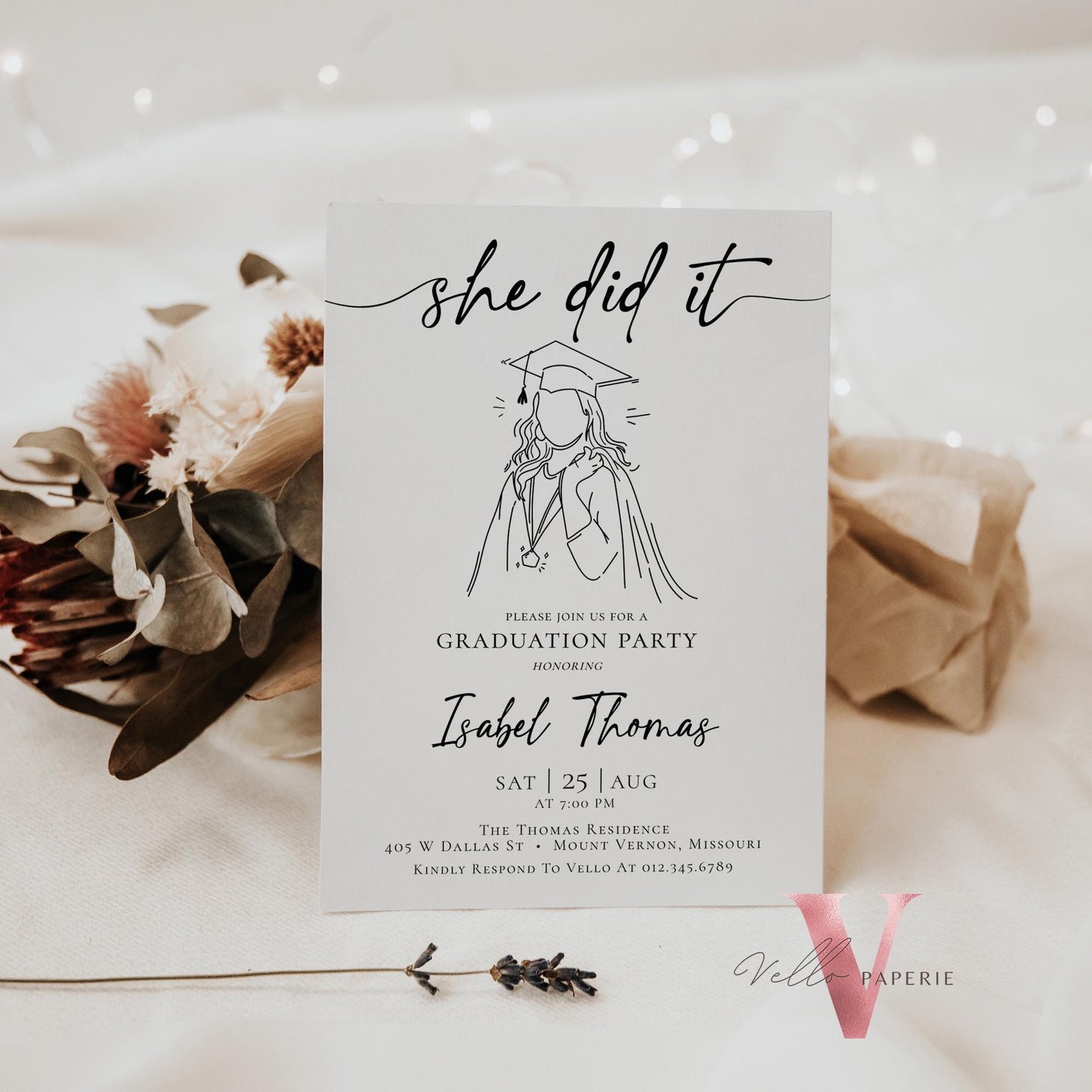 She Did It Graduation Invitation | Editable Graduation Party Invite with photo | Class of 2024 Announcement College Graduation Celebration
