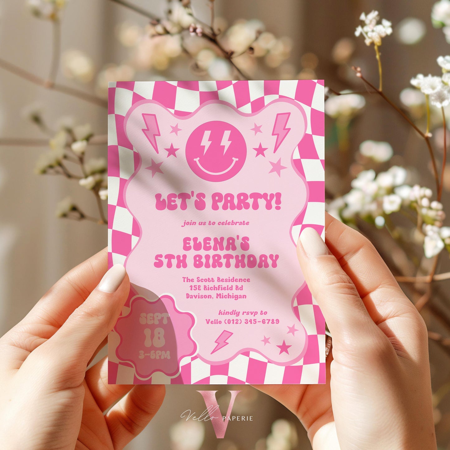 Pink Smile Face Groovy Birthday Invitation | Editable Retro Happy Face Any Age Birthday Party Invite | Emoji Face Lighting Bolt Smile PSG01