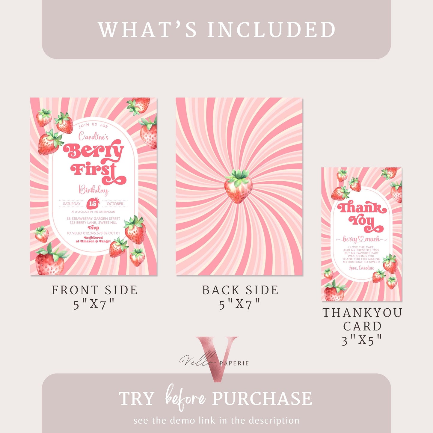 STRAWBERRY First Birthday Invitation Girl | Berry First Birthday Party Invite | Summer Girl Editable Template | Pink First Birthday Invite