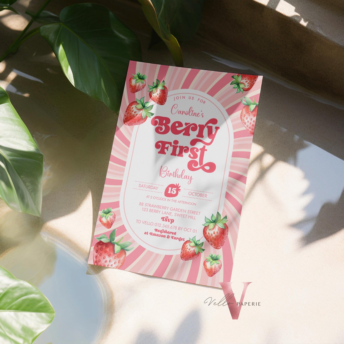 STRAWBERRY First Birthday Invitation Girl | Berry First Birthday Party Invite | Summer Girl Editable Template | Pink First Birthday Invite