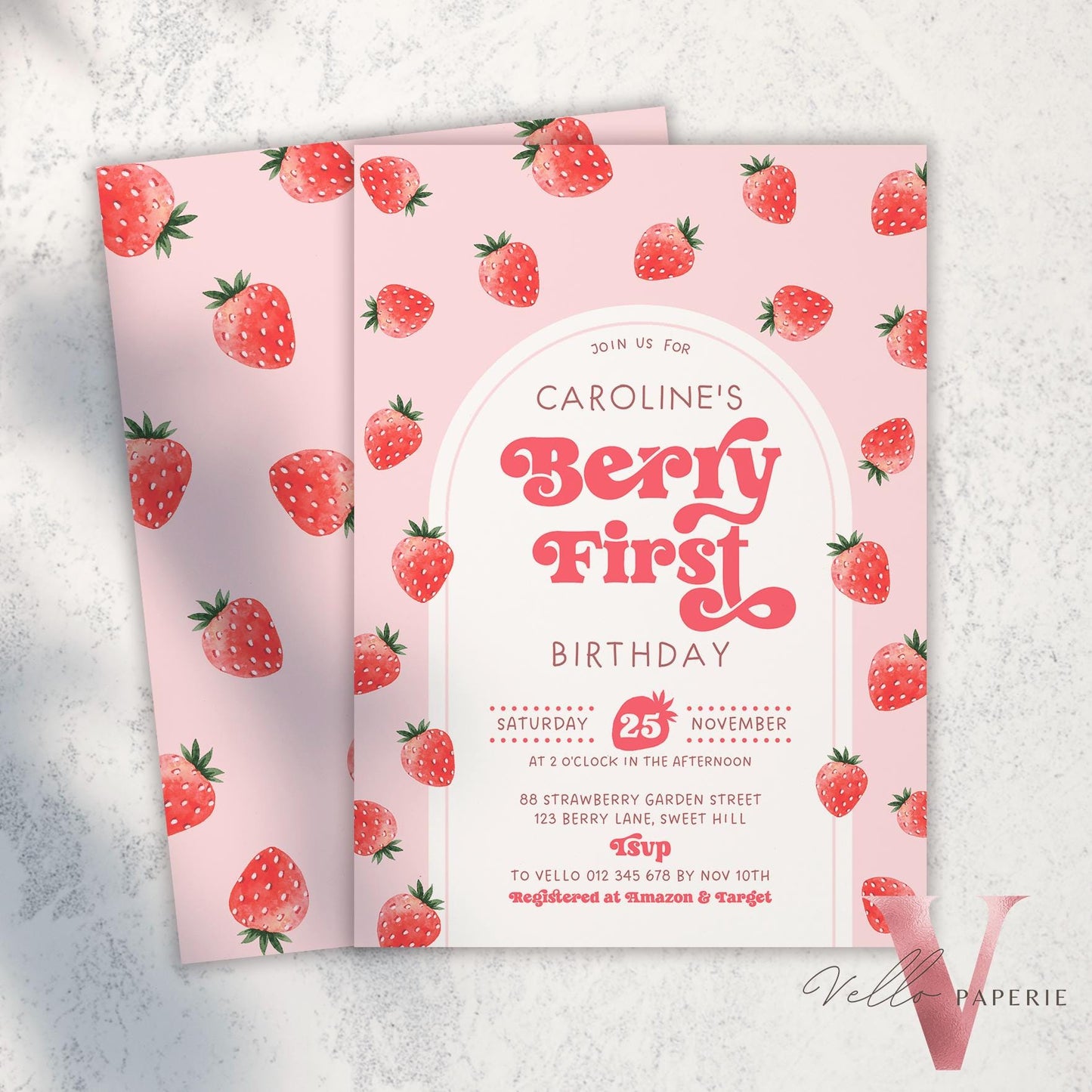 STRAWBERRY First Birthday Invitation Girl | Berry First Birthday Party Invite | Summer Girl Editable Template | Pink First Birthday Invite