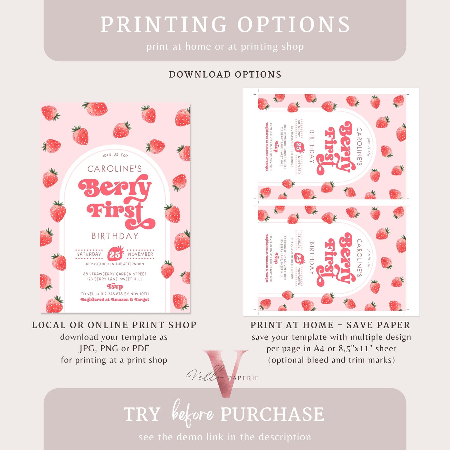 STRAWBERRY First Birthday Invitation Girl | Berry First Birthday Party Invite | Summer Girl Editable Template | Pink First Birthday Invite
