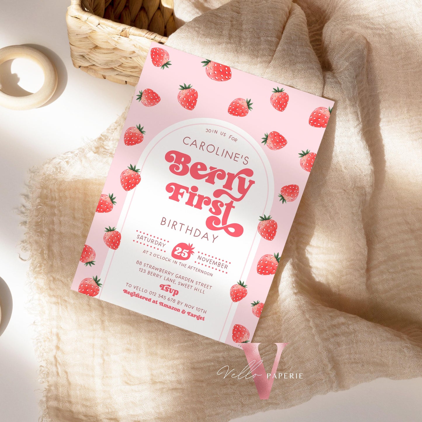 STRAWBERRY First Birthday Invitation Girl | Berry First Birthday Party Invite | Summer Girl Editable Template | Pink First Birthday Invite