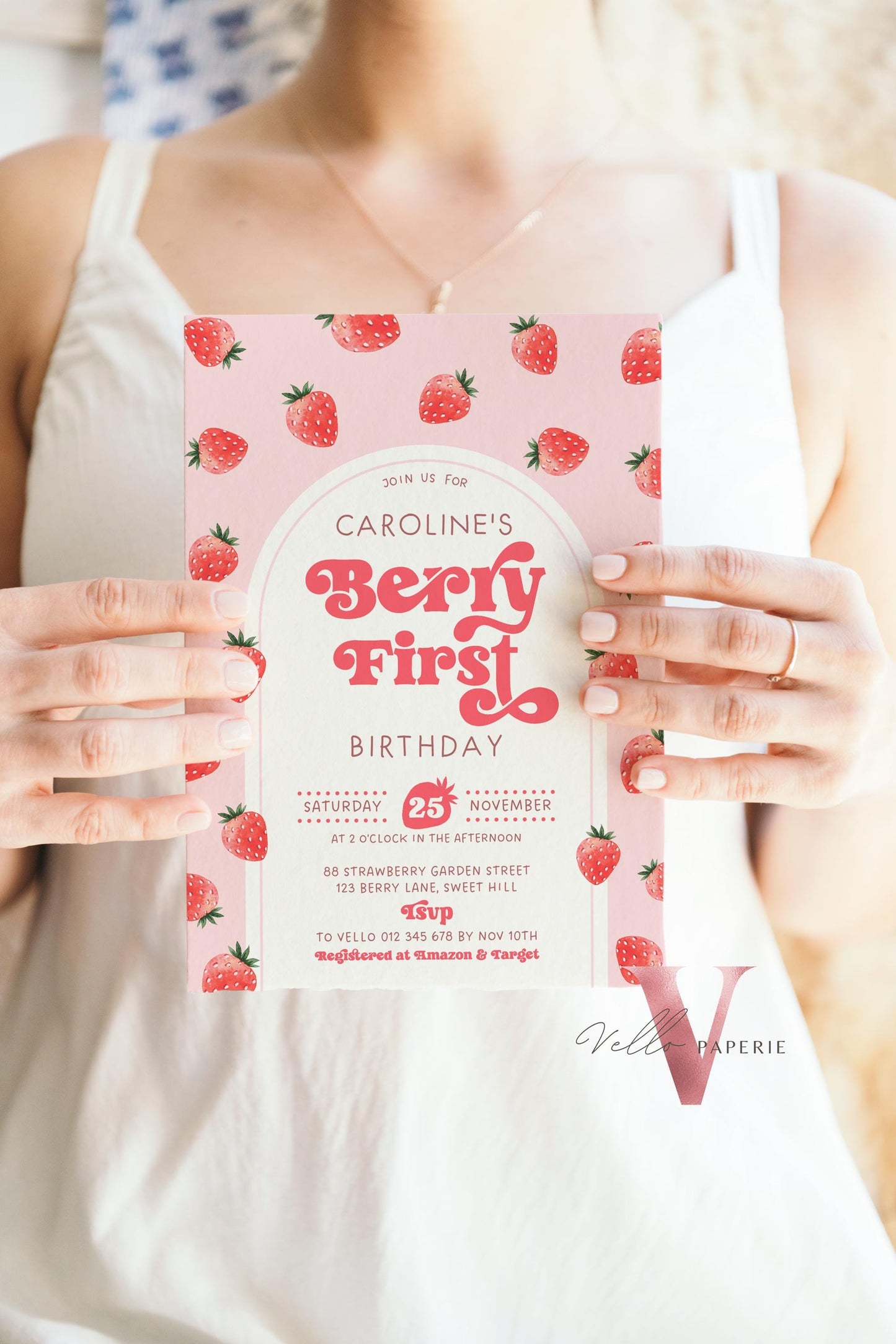 STRAWBERRY First Birthday Invitation Girl | Berry First Birthday Party Invite | Summer Girl Editable Template | Pink First Birthday Invite