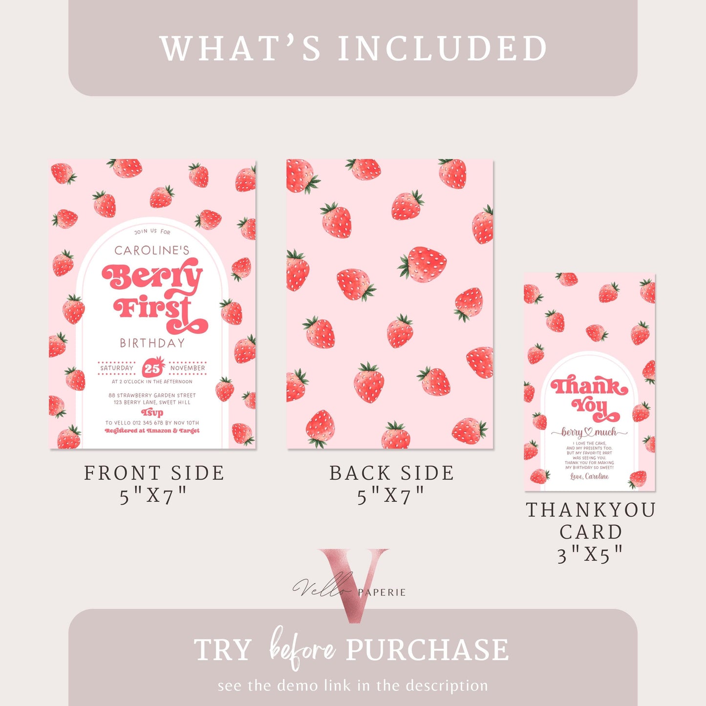 STRAWBERRY First Birthday Invitation Girl | Berry First Birthday Party Invite | Summer Girl Editable Template | Pink First Birthday Invite