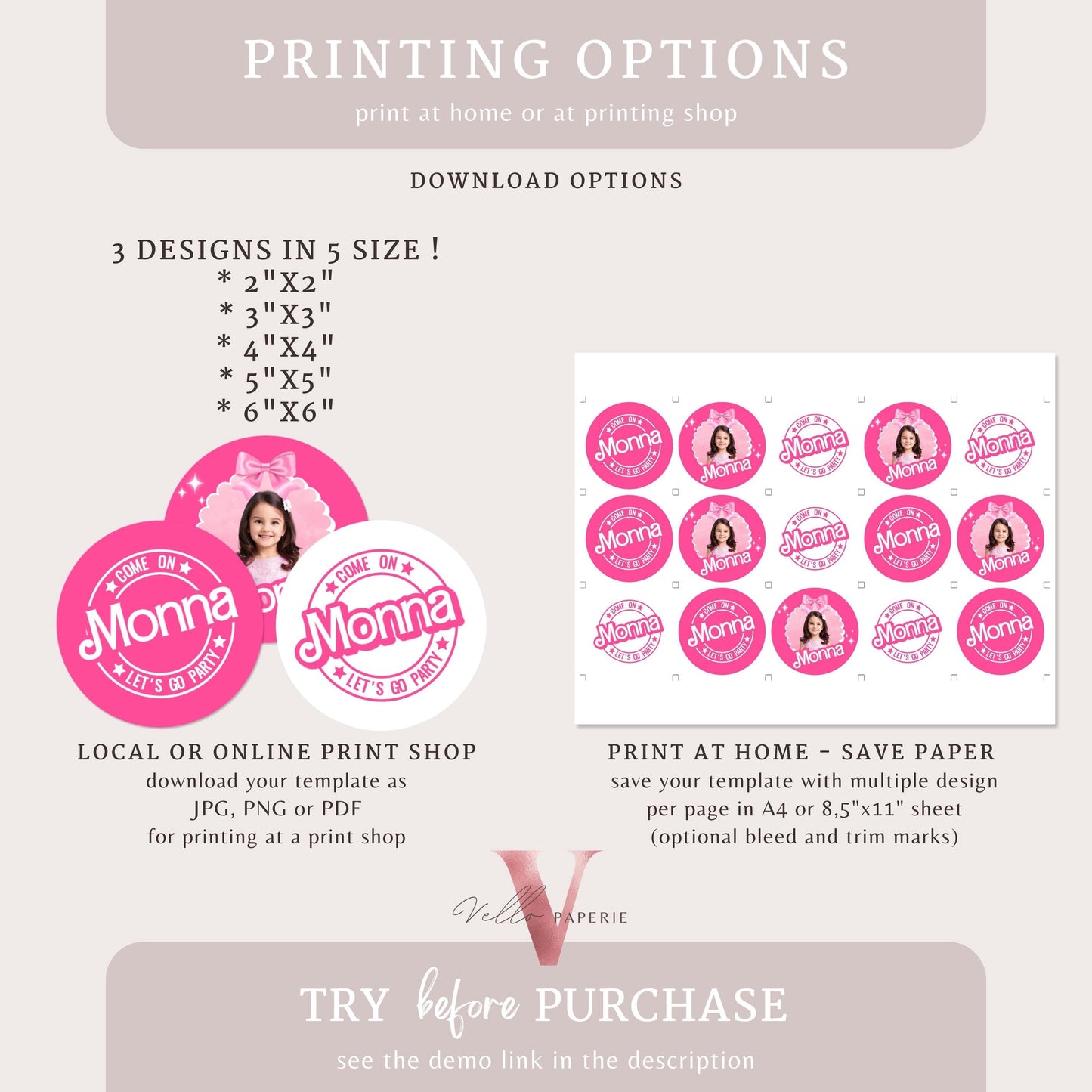 DIY Pink Doll Birthday Sticker Round Label | Come On Let's Go Party Round Label | Pink Doll Name Custom Name Tag Instant Template with photo