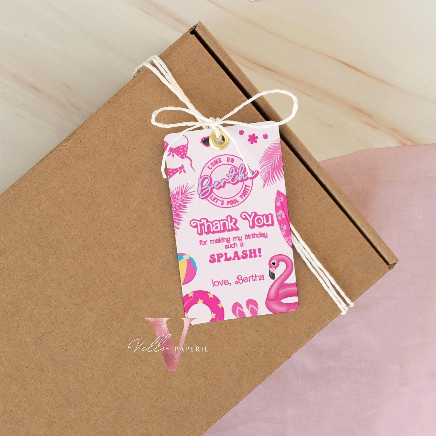 Pink Doll Pool Birthday Thankyou Card | Editable Printable Malibu Pool Party Favor Tag | Pink Blue Malibu Come On Lets Go Party Gift PDP01
