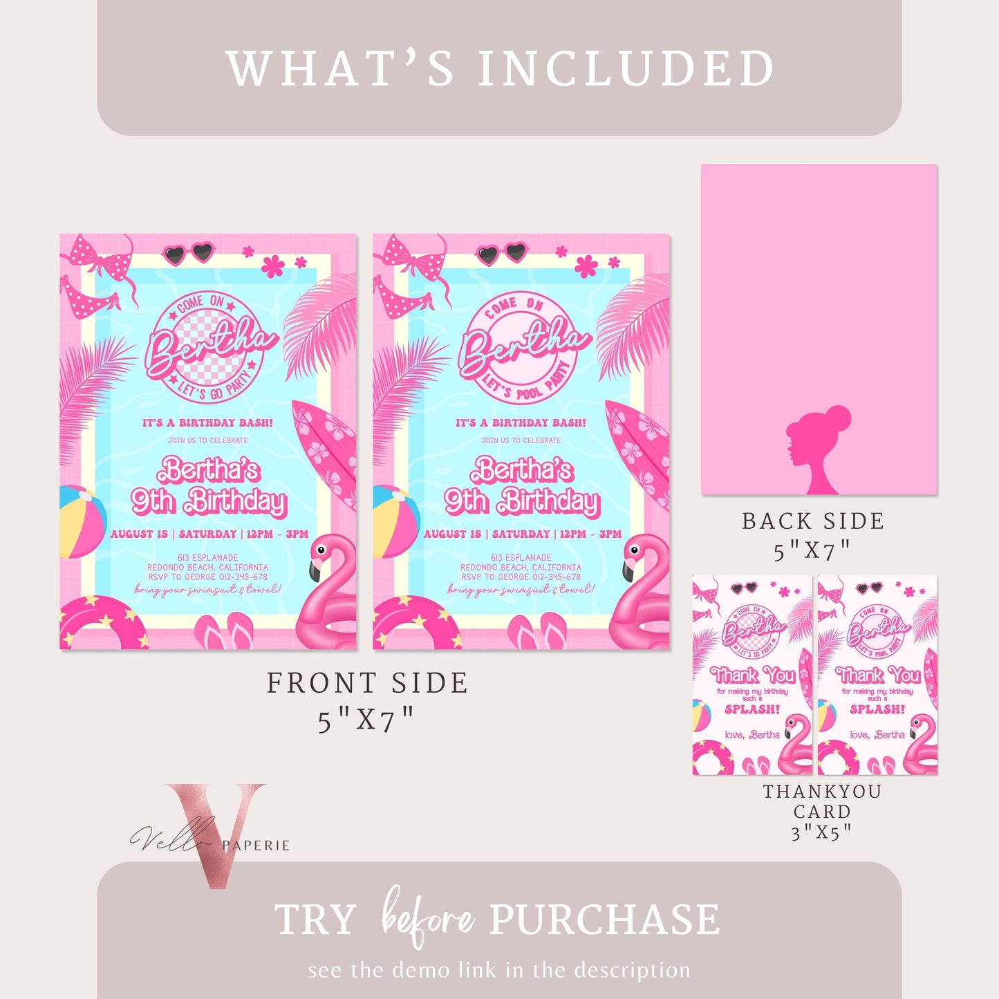 Pink Doll Pool Birthday Invitation | Editable Printable Malibu Pool Party Invite | Pink Blue Malibu Come On Lets Go Party Instant PDP01