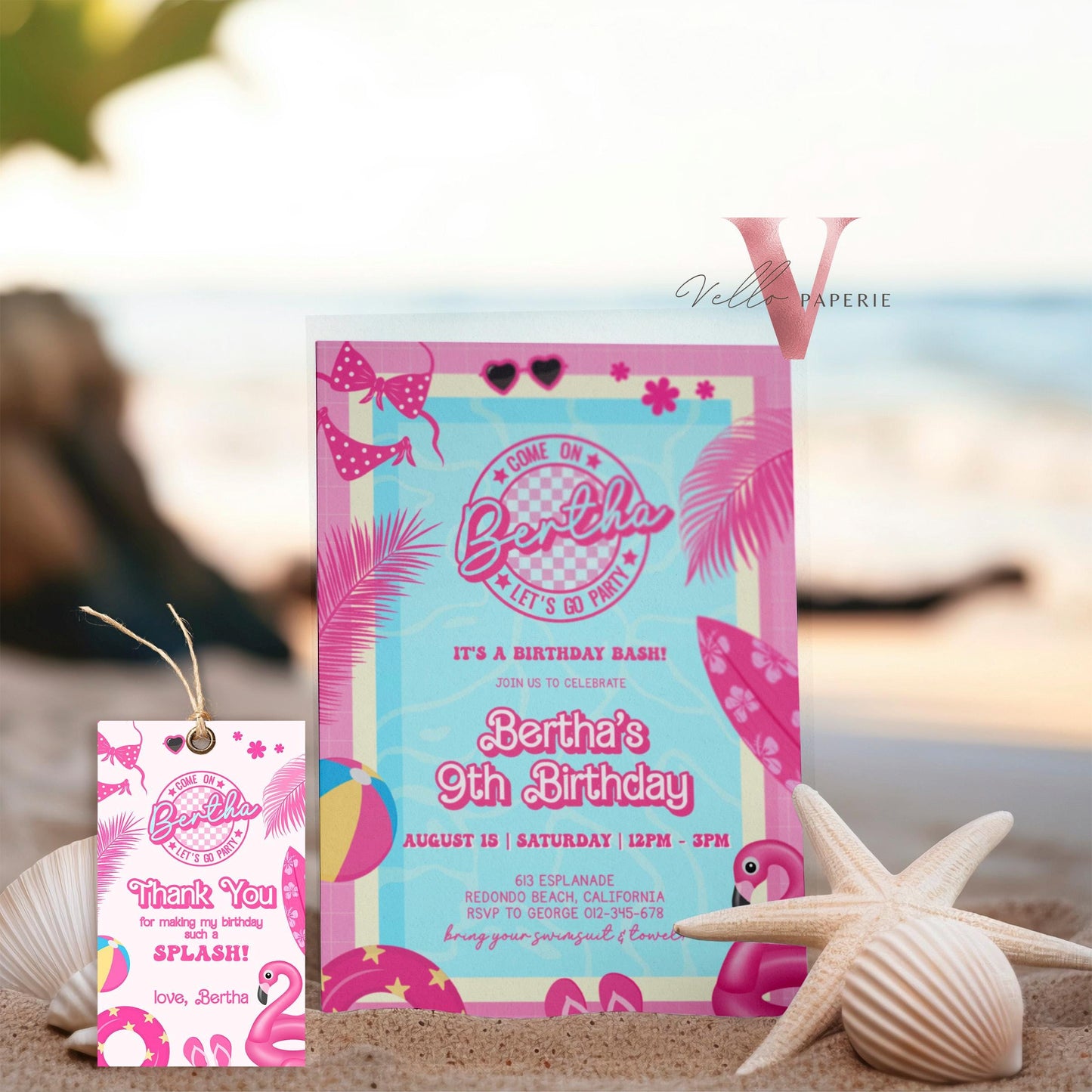Pink Doll Pool Birthday Invitation | Editable Printable Malibu Pool Party Invite | Pink Blue Malibu Come On Lets Go Party Instant PDP01