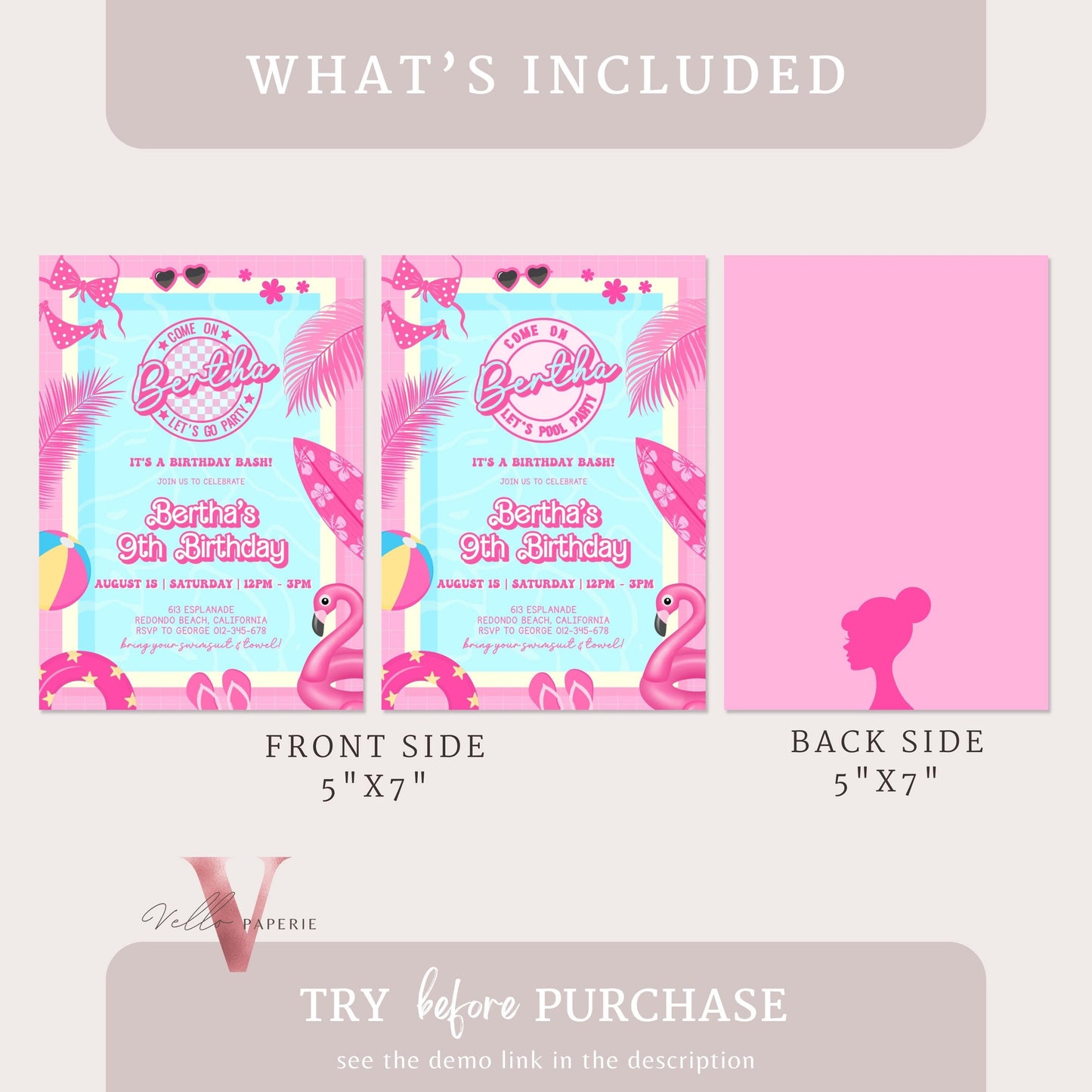 Pink Doll Pool Birthday Invitation | Editable Printable Malibu Pool Party Invite | Pink Blue Malibu Come On Lets Go Party Instant PDP01