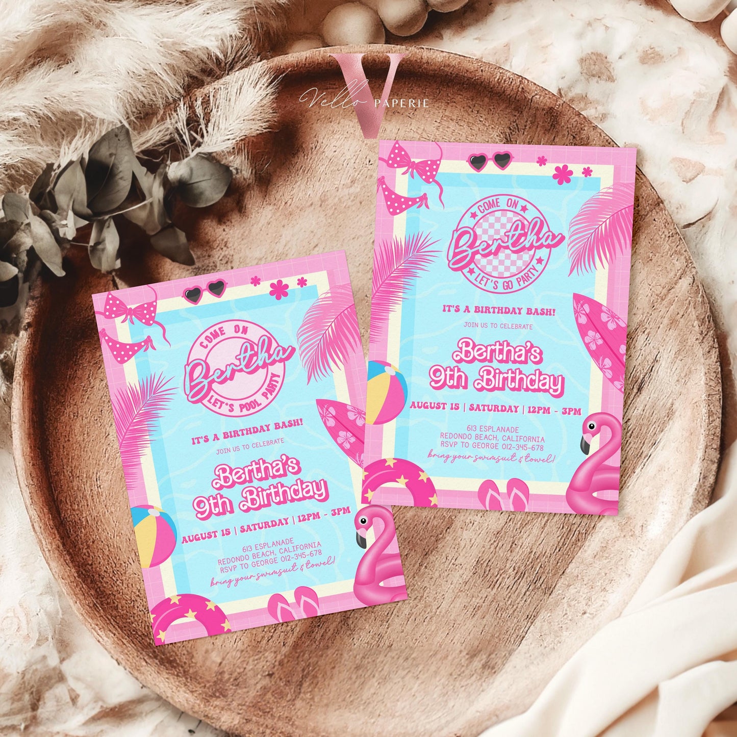 Pink Doll Pool Birthday Invitation | Editable Printable Malibu Pool Party Invite | Pink Blue Malibu Come On Lets Go Party Instant PDP01