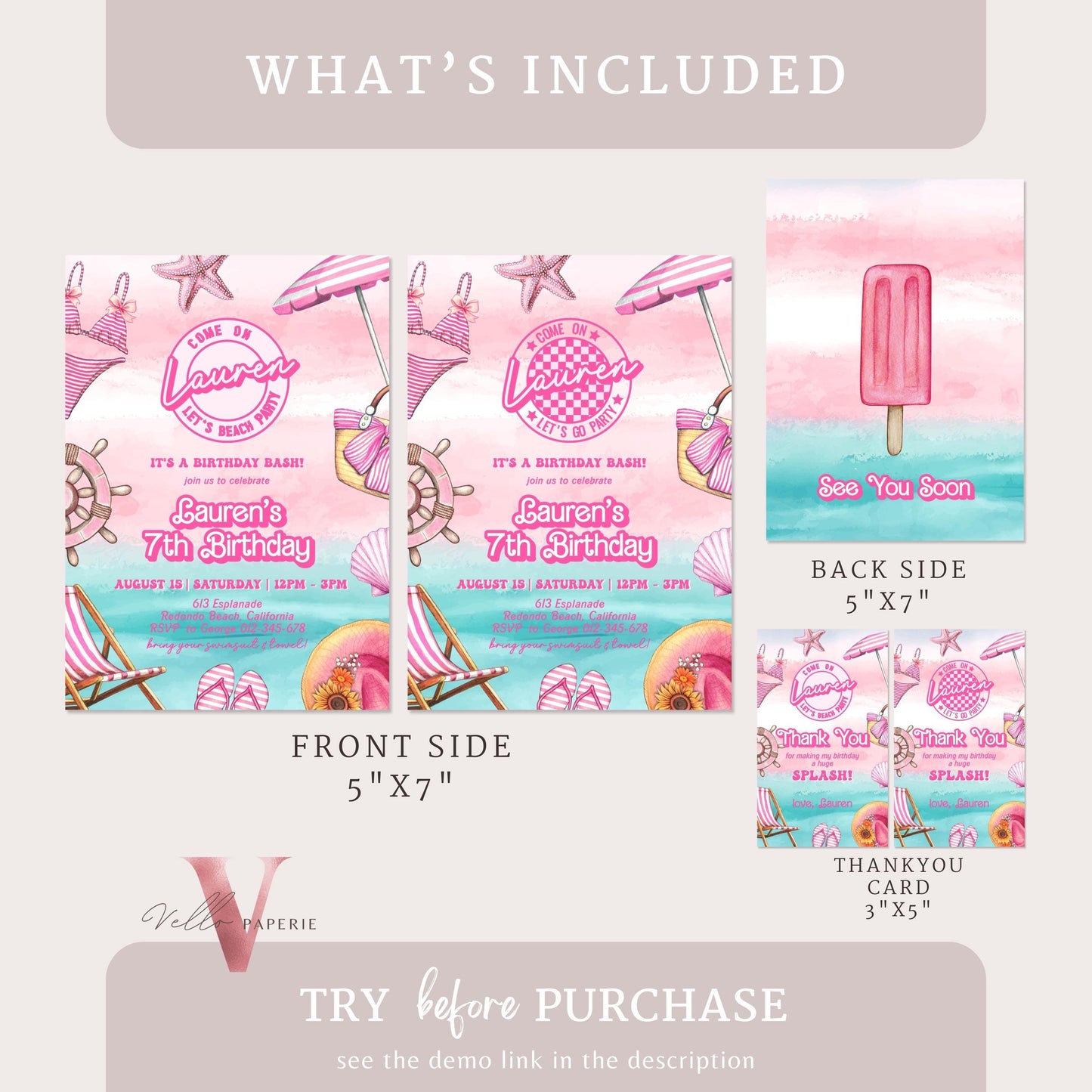 Pink Doll Beach Birthday Invitation | Editable Printable Malibu Beach Party Invite | Pink Blue Malibu Come On Lets Go Party Instant Download